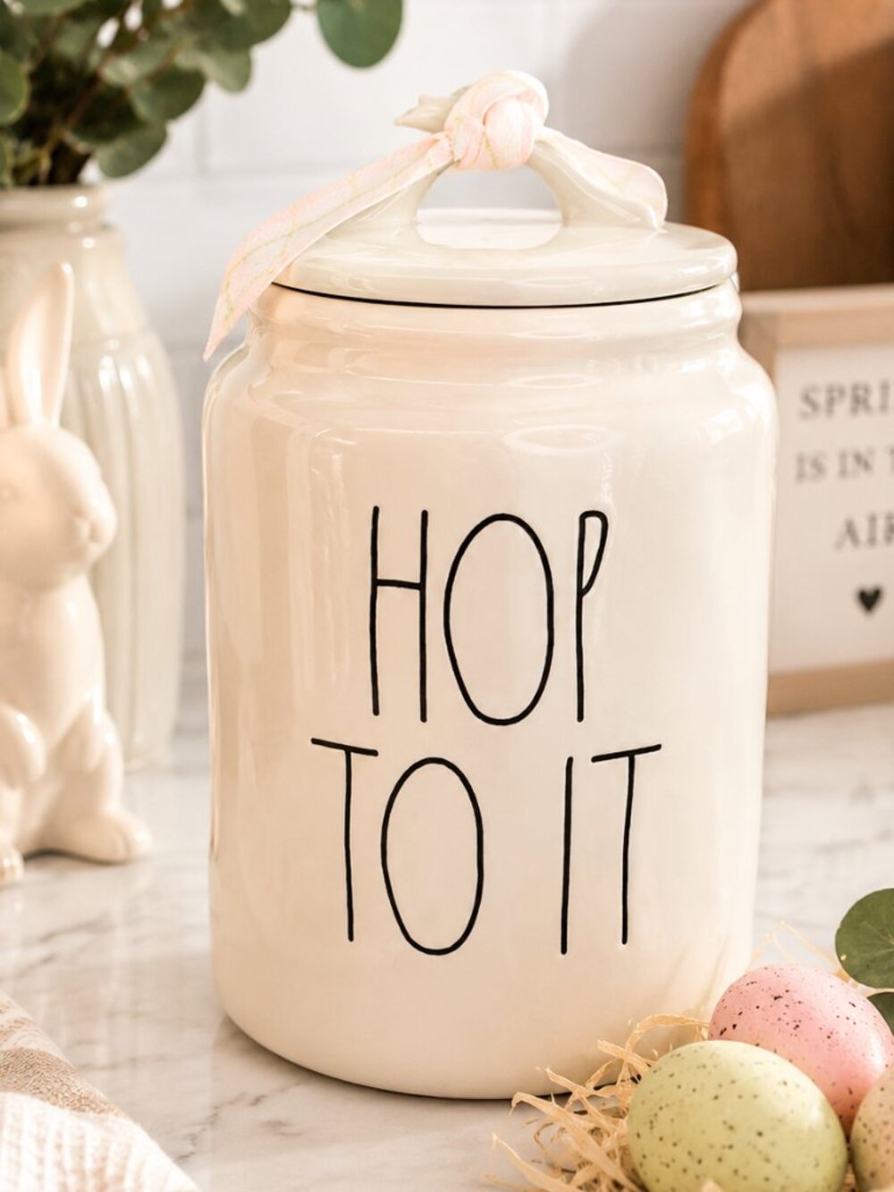 Rae Dunn HOP TO IT Easter Canister Magenta Ceramic Farmhouse Bunny Decor